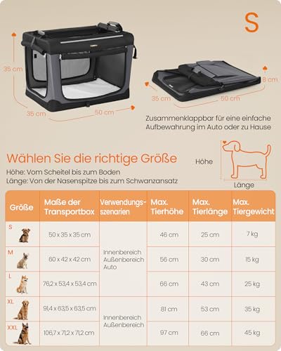 Feandrea Hundebox faltbar, 50 cm Transportbox für kleine Hunde, Hundetasche, Oxford-Gewebe, mit 4 Türen aus Netzstoff, Griffen, Taschen für Futter und Wasserflasche, tintenschwarz PDC015BH02