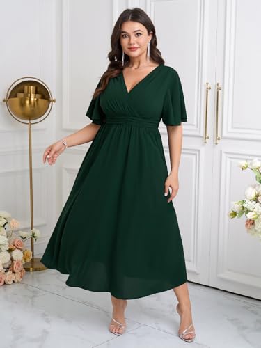 Image of SHESTARR Womens Plus Size Wrap V Neck Dress Short Flutter Sleeve Pleated Empire Waist Ruffle A Line Maxi Long Dresses