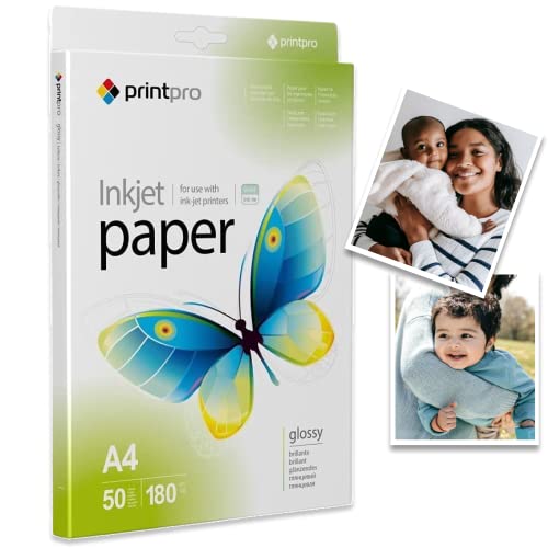 PrintPro Fotopapier A4 Glänzend und Hochweiß - Speziell für Tintenstrahldrucker - Photopapier A4 Glänzend - Sofort Trocken und Wasserfest (180g A4 50 Blatt) Cover
