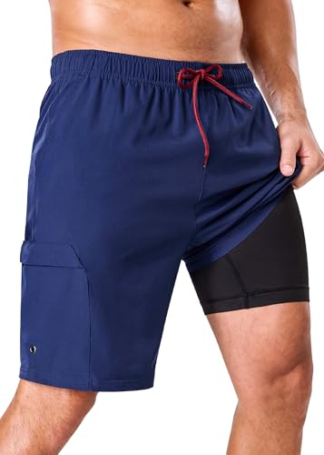SILKWORLD Mens Swim Trunks 9”Swimming Beach Shorts Cargo Pocket,Navy,XL