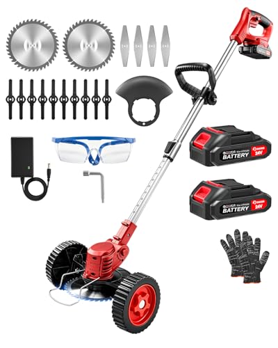Saker 24V Cordless Weed Wacker Electric Grass Trimmer Weed Eater with 2 Batteries 3-in-1 Lightweight Brush Cutter/Lawn Mower/Edger with Wheels & 3 Types of Blades for Lawn Garden & Yard Care(Red)