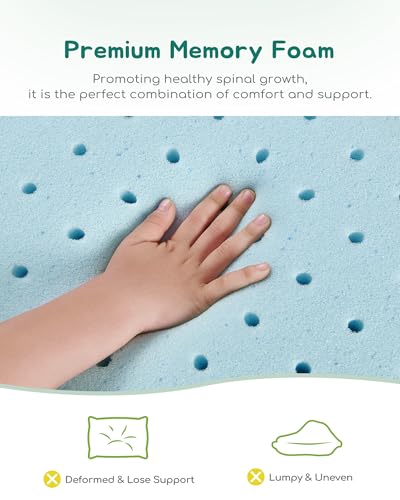Image of Toddler Pillow, Adjustable Memory Foam Small Pillow for Toddler 2 Years & Above, 13 inch x 18 inch Mini Size for Kid Sleeping, Napping or Traveling, Washable No Zipper Pillowcase, Green