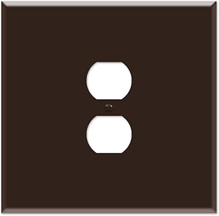 OVERSIZED Metal Outlet Cover, 2 Gang Jumbo Electrical Outlet Cover Plate (for 1 Centered Device), Wall Plate Cover for Duplex Outlets, Steel Painted Brown - UL Listed, 5.5" x 5.5" - Made in USA