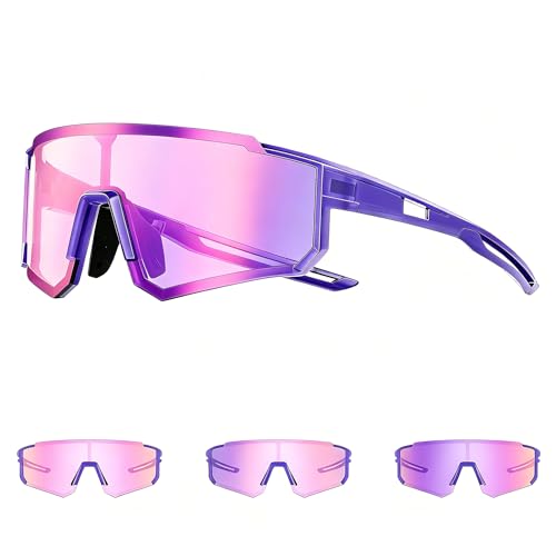Generisch Lila Selbsttönend Fahrradbrille, Photochromatische UV400, Fahrradbrille Herren, Schnelle Brille Damen, Sportsonnenbrille Radsport Radfahren für Radfahren Laufen Baseball Mtb