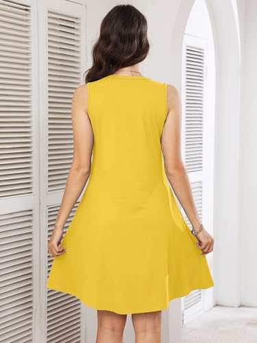 Image of KORSIS Tank Dress for Women Elegant T-Shirt Summer Sleeveless Dresses Swing A Line Vacation Beach Sundress with Pockets Yellow 3XL