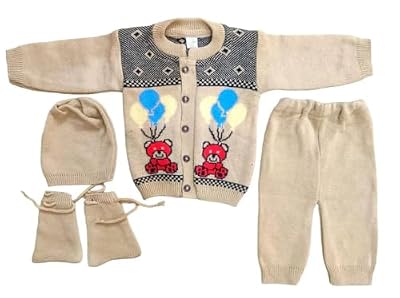 paryag Baby Sweater for Baby Boys & Baby Girls Woollen Full Sleeves, Round Neck Sweater Top, Bottom, Cap & Booties Set (