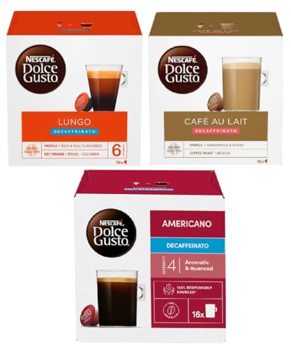 NESCAFÉ DOLCE GUSTO Decaf Variety Pack Coffee Pods (Pack of 3 Total 48 Decaffeinated Capsules) Lungo Café Au Lait Americano
