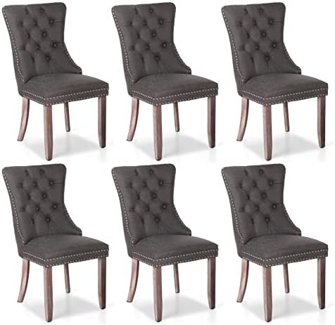 MAISON ARTS Faux Leather Dining Chairs Set of 6, Upholstered Tufted Dining Room Chairs with Ring Pull Trim & Button Back Modern Diner Chairs with Solid Wood Legs for Kitchen Dining Room (Grey, 6pcs)