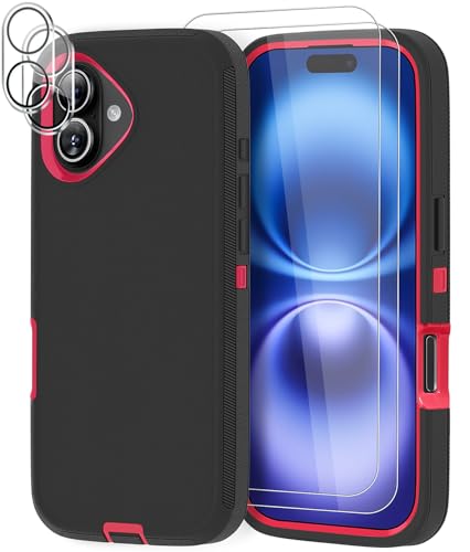 Coque iPhone 16 antichoc rose et noire avec 4 protections écran et objectif
