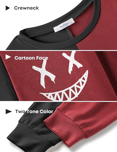 Image of Arshiner Boys Cartoon Face Print Two Tone Crewneck Sweatshirt and Pants Set Tracksuits Outfits Size (2T - 7-8)