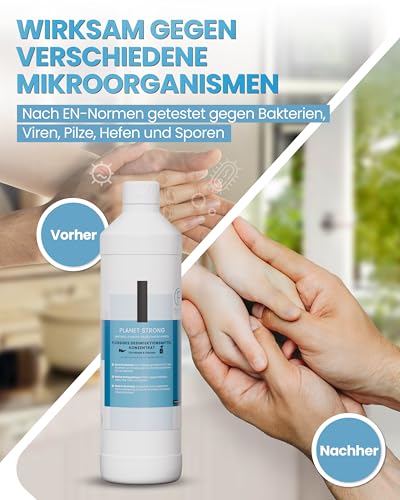 Planet Strong® – 1L Flächendesinfektionsmittel Konzentrat | Für Küche, Bad & Oberflächen | Alkoholfrei & basisch | Wirksam gegen Bakterien, Viren, Pilze, Schimmel & Gerüche | Made in Germany