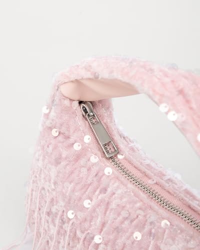 Image of NEWBELLA Women's Sequin Fringe Hobo Evening Bag - Sparkly Shoulder Purse for Cocktail Party, Date Night, Wedding & Special Occasions (Light Pink)