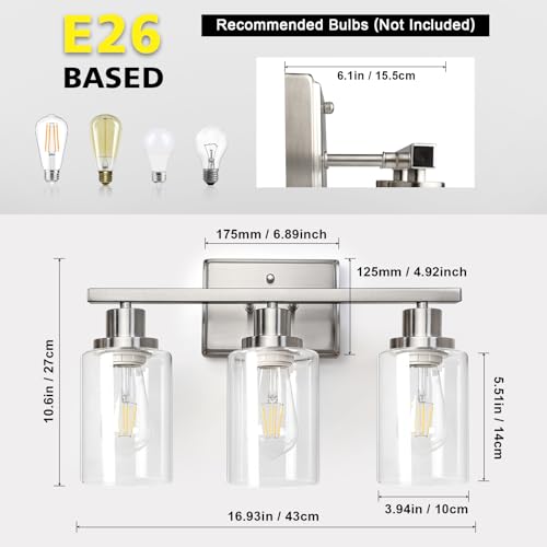 Image of Ascher Bathroom Vanity Light Fixtures, 3 Light Wall Sconces Lighting with Clear Glass Shade, Brushed Nickel Wall Lights for Mirror, Kitchen, Living Room, Gallery, E26 Base (Bulbs Not Included)