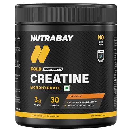 Image of Nutrabay Gold Micronised Creatine Monohydrate Powder 3000 mg Creatine per Serving, NABL Lab Tested - Increases Muscle Mass, Strength & Power - Pre /Post Workout Supplement - 120g, Orange
