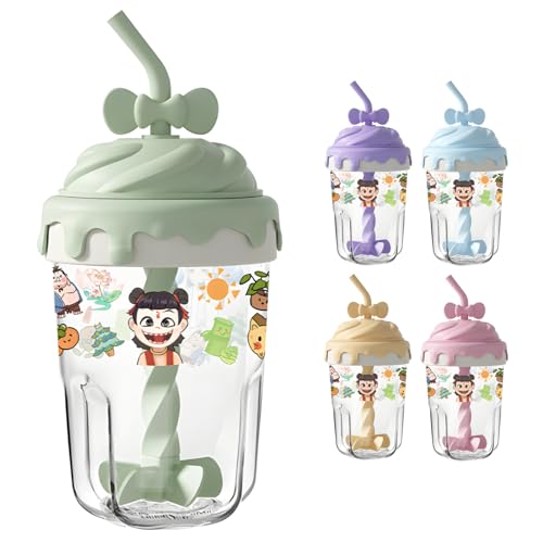 Image of Glass Tumbler with Lid & Straw - 400ml, Set of 1, Cute Bow Handle Sipper Cup, Glass Drinking Cup for Water, Juice, Milk & Smoothies, Cartoon Printed Kids Cup (Receiving Random Color)