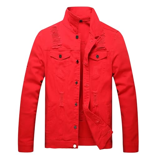 Image of RANMCC Men's Elastic Ripped Denim Jacket, Vintage Washed Frayed Trucker Coat, Lightweight Casual All Season Street Outerwear