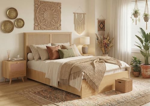 Garvee Queen Size Rattan Bed Frame with 4 Drawers Bohemian Queen Rattan Bed Frame with Natural Headboard Platform Queen Size Bed with Wooden Legs LED Lights No Box Spring Needed