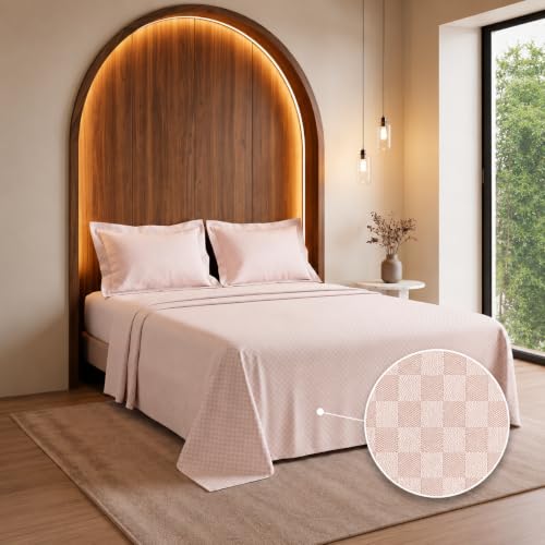 Image of LANE LINEN 400TC 100% Cotton Micro Check King Size Bedsheet - Sepia Rose | OEKO-Tex Certified, 108 x 108 Inch, Fits King & Double Size Bed, Breathable & Wrinkle-Free, Includes 2 Pillow Covers