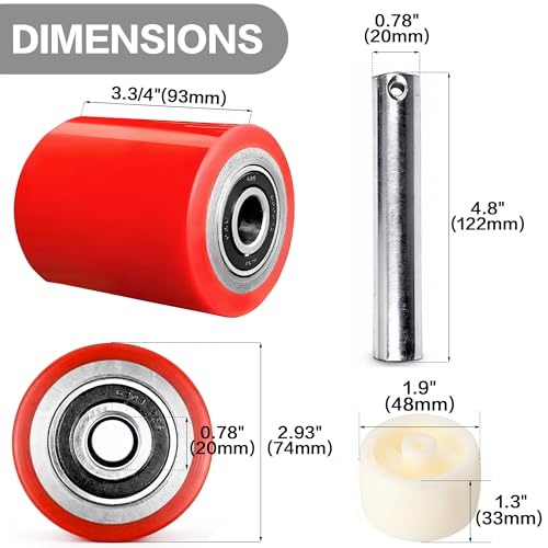 Image of Pallet Jack Load Wheels Replacement Kit with PU Tread Wheel 3 x 3.75 inch,Pre-Installed Bearings ID 20mm,Axles(Length 4.8 inch) and Pins for Manual Hand Lift Truck Rear (1, Red-1 Pair + Roller)