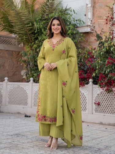 Image of ANNI Designer Kurta Sets for Women Viscose Blend Embroidered | Kurta Palazzo Dupatta Set | Designer Kurti Set for Women | V Neck Full Sleeve Ethnic Suit | Indian Kurta Outfit with Palazzo Pants