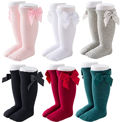 Adorel Calcetines Altos Largos Lazo Algodón Niña Pack de 6 Gris Rosa Granate Blancos Negro Verde 3-12 Meses (Tamaño del Fabricante S)