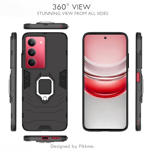 Image of Pikkme Back Cover for Realme Narzo 80x 5G / Realme P3x 5G / Realme 14X 5G D5 Tough Armor | 360 Protection Case | Ring Holder Stand Bumper Case (Black)