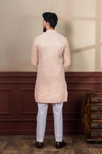 Image of LookMark Men's Printed Silk Blend Kurta with Mandarin Collar, Full Sleeves, Straight Fit Traditional Ethnic Wear