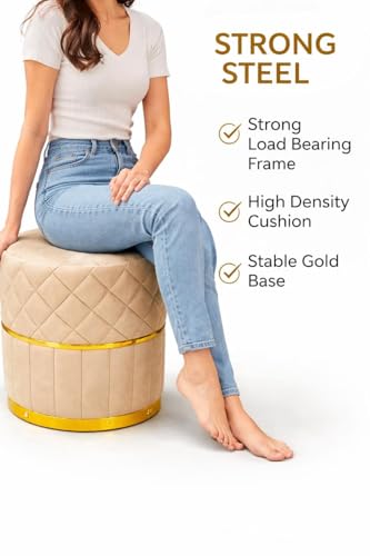 Image of Premium Velvet Puffy Ottoman Stool for Living Room, Bedroom and Dressing Area | Round Footrest with Diamond Quilting and Gold Base | Soft, Stylish and Durable Seating (Cream)