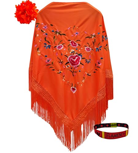 Planta Color Xaile bordado de flores com acessórios, Laranja com pinça flor, L