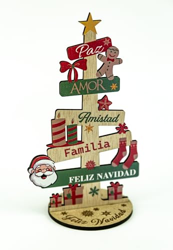 EWALAMI: MINI ÁRBOL DE NAVIDAD EN MADERA. ADORNOS Y REGALOS NAVIDAD PARA DESPACHO, ESCRITORIO, SOBREMESA EN MADERA DM, TARJETA REGALO FELICITACION NAVIDAD, ARBOLITO NAVIDEÑO (ARBOL NAVIDAD ALEGRE)