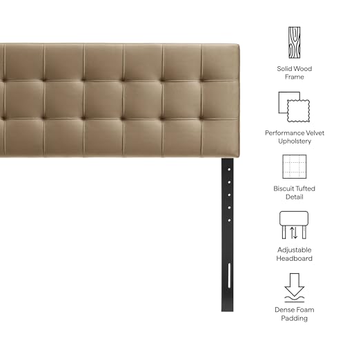 Image of Modway Lily Performance Velvet King Size Headboard with Biscuit Tufting in Taupe - Stain-Resistant Upholstery with Padded Design and 5 Height-Adjustable Mounts