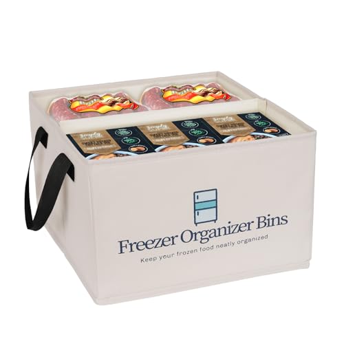 Image of Flenpptly Freezer Organizer Bins, Collapsible Deep Freezer Organizer Bins for 15 inchx14 inchx9 inch, freezer Storage Bins with Removable Dividers, Handles (Light Grey, 1 Pack)