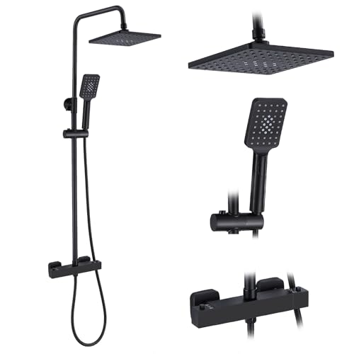 HOZKUY Thermostat Duscharmatur Komplettset | Duschsystem mit Regendusche & Verstellbarer Duschstange (73-110cm) | Duschgarnitur in Schwarz