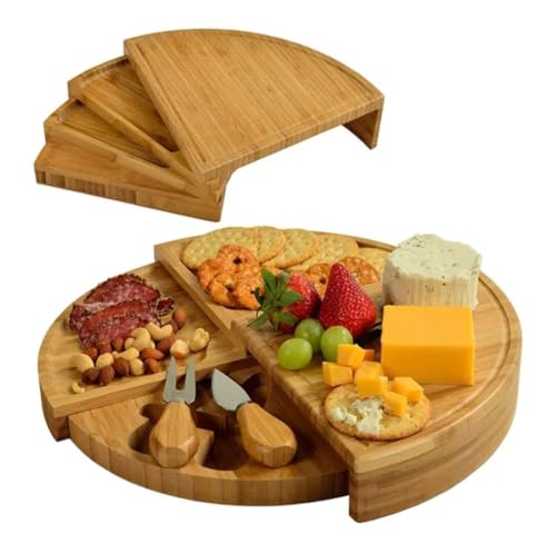 LOVING NATURE Bamboo Round Cheese Board and Knife Set: Large Charcuterie Board Set & Cheese Platter, Unique House Warming Gifts, New Home, Anniversary & Wedding Gifts for Couple