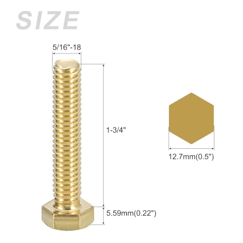 Image of METALLIXITY Hex Head Screw Bolt (5 /16-18x1-3 /4) 5Pcs, Brass Fully Threaded Solid Brass Hex Bolts Machine Screws - for Machinery Repair