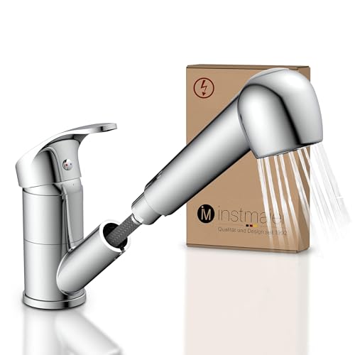 Instmaier K2 Robinet Cuisine Basse Pression | Extensible et Orientable | Robinet d'Évier avec Douchette | Mitigeur Monocommande avec 2 Types de Jets | Fini Chrome
