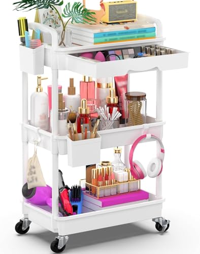 キッチンワゴン ローリング 3段 引き出し付き ハンドル付き オールスチール構造 防錆 ペットボトルラック 収納カップ 仕切板付き 多機能 小物 隙間収納 バスケットラック バスルーム オフィス キッチン用 収納ワゴン