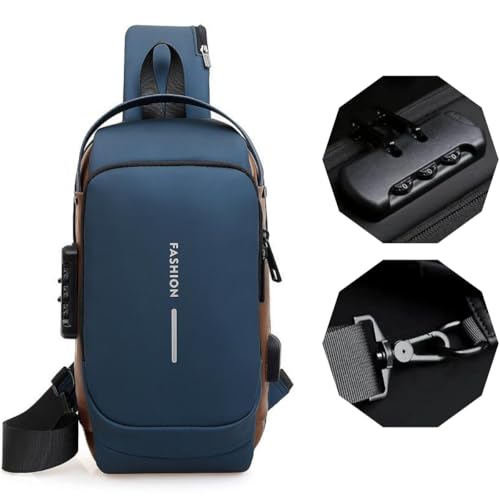 Bolsa Masculina Pochete de Couro Antifurto, Impermeável, com USB, Transversal, Couro, Anti-Roubo, Esportiva, Academia (Azul com Dourado)