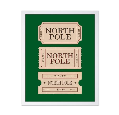 Poster Master North Pole Ticket Poster - Holiday Print - Christmas Art - Trendy Art - Modern Art - Gift for Him & Her - Minimal Decor for Bedroom, Living Room, Office or Dorm, 8x10 White Framed