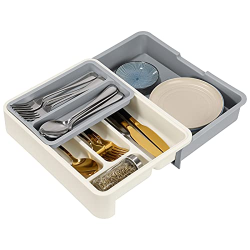 Drawer Cutlery Organiser Tray- 7Compartment Expandable Drawer,Flatware Organizers,Kitchen DrawerOrganizer,Drawer Organiser with Multiple Compartments,with for Tableware, Kitchen Gadgets and Cookware