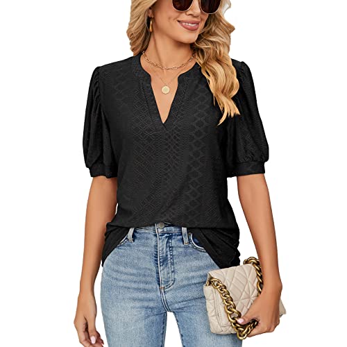 Decorie Bluse Damen Sommer Tshirt Damen V Ausschnitt Kurzarm Damen Oberteile Elegant Damenblusen Casual Blusenshirt Tunika,B-Schwarz,L