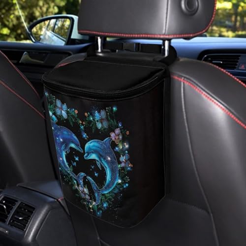 Image of Talayituse Dolphin Flower Heart Print Car Trash Can with Lid, Leak Proof Auto Trash Bag Hanging Vehicle Garbage Can Multipurpose Storage Container for Back Seat Road Trip