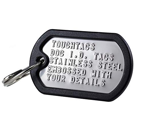 TOUGHTAGS Dog Tags for Dogs, Custom Dog Collar ID Tag Personalized for Pets - Super Tough, Quiet Embossed Military Style Stainless Steel Dog Name tag (Black)