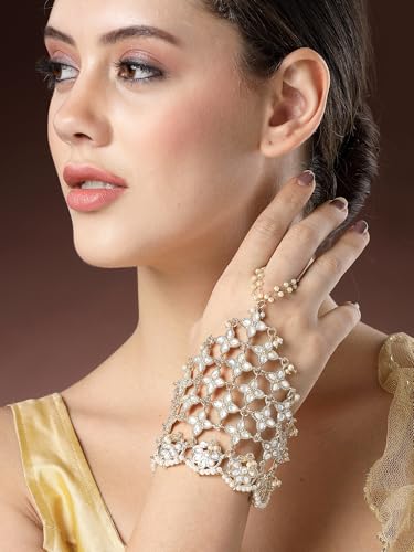 Image of Karatcart Gold Plated Baby Pink Pearl Chain Kundan Hathphool