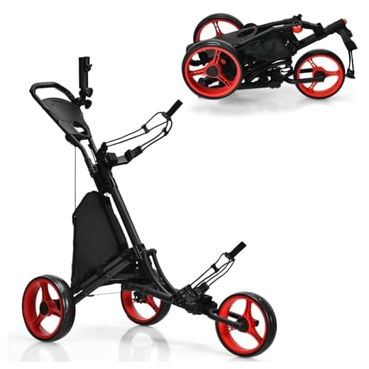 LIFEZEAL Foldable Golf Trolley, 3 Wheel Golf Push Cart with Foot Brake, Golf Trolley with 3 Height-Adjustable Positions, Foldable Golf Caddy with Umbrella Holder & Bottle Holder & Bag (Red)