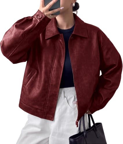 PRETTYGARDEN Women's Faux Leather Oversized Motorcycle Jackets,Burgundy,S