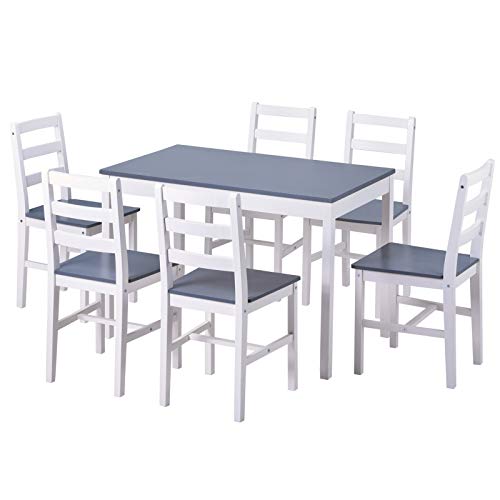 Juego de mesa de comedor de madera de pino maciza con 6 sillas, elegante mueble de comedor blanco y gris para decoración de cocina, restaurante, juego de 7 piezas