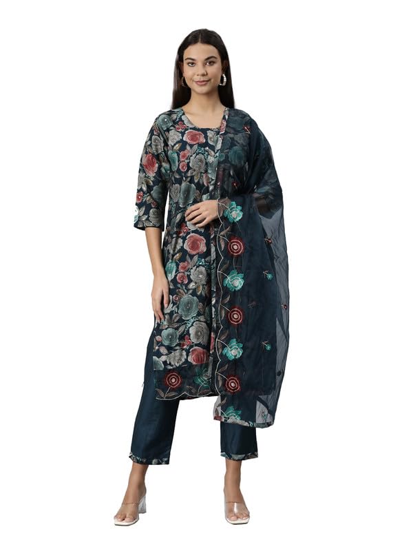 NEERU'S Women Green Regular Straight Floral Kurta and Trousers with Dupatta