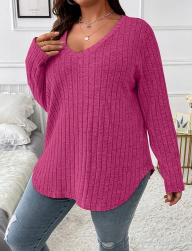 Image of Koscacy Women Plus Size Casual Knit Sweater V Neck Solid Color Tops Lightweight Long Sleeve Blouses