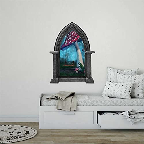 Castle Scape Enchanted Mushroom Swing Stone Castle Window Wall Decal Sticker Mural Kids Bedroom Playroom Medieval Fantasy Fairytale Wall Mural Wall Art Removable Vinyl Decals For Playroom,28'' Ae423 #TOP27